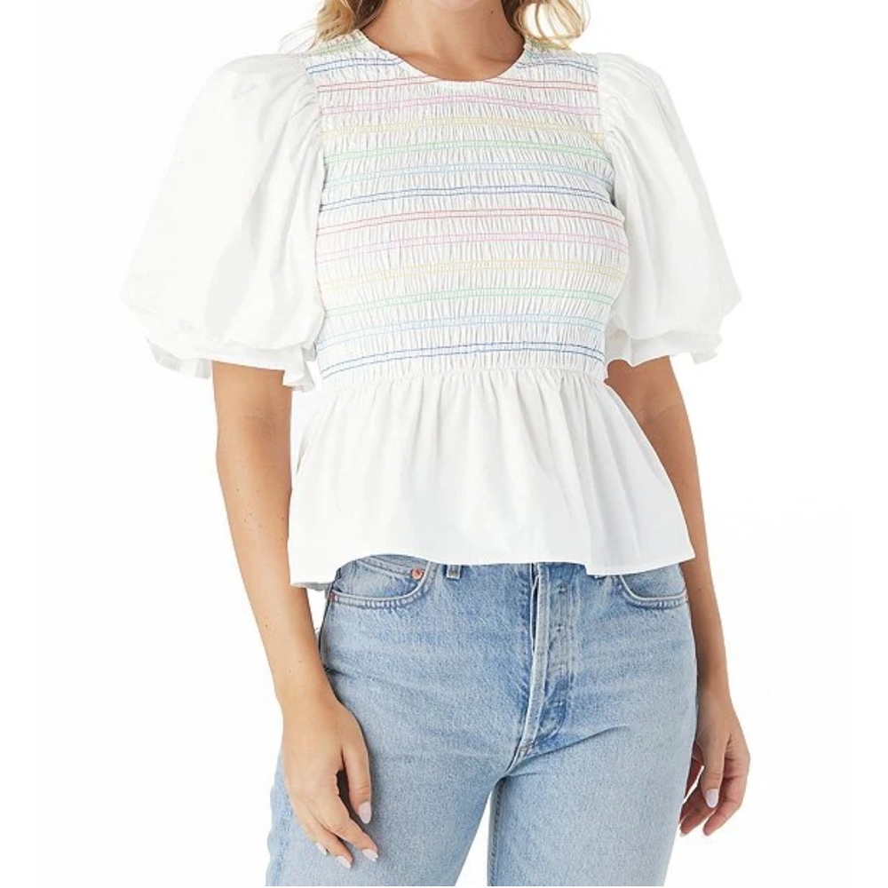 CROSBY by Mollie BurchSloan Puff Sleeve Crew Neck Smocked Peplum